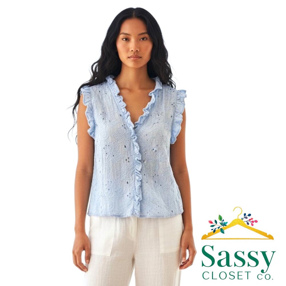 Dear John Blue Eyelet Ruffle Mock Neck Blouse M EUC Sleeveless Top